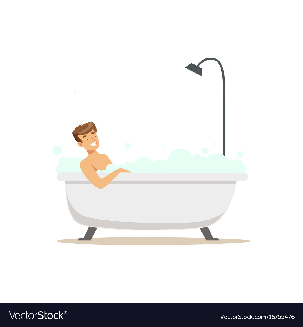 Smiling man character taking bath in bubble