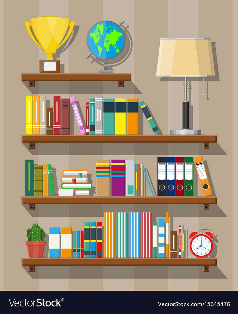 Wooden Bookshelf with Globe and Lamp