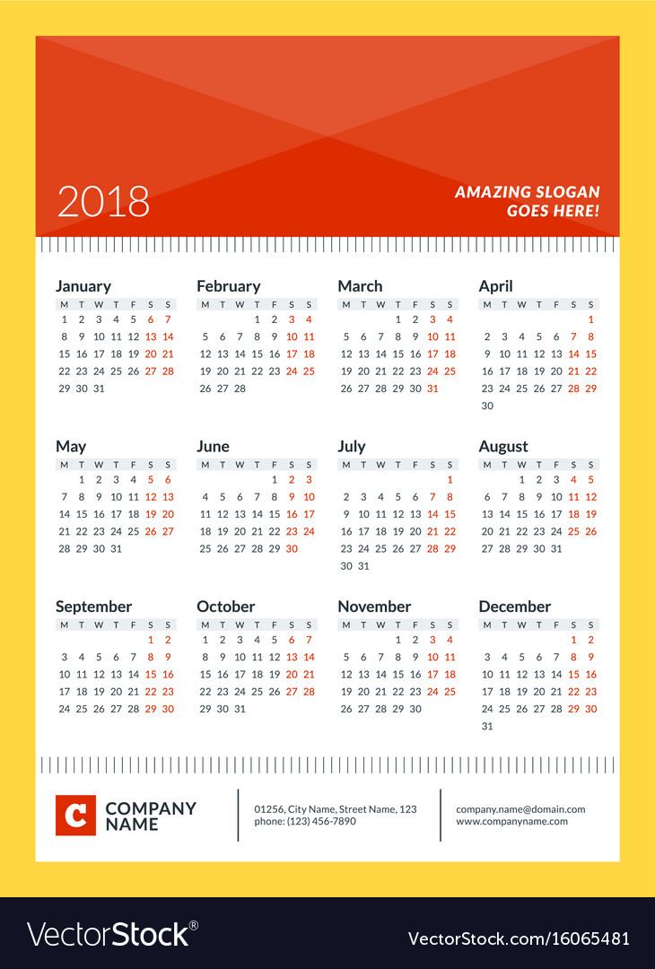 Calendar poster for 2018 year week starts