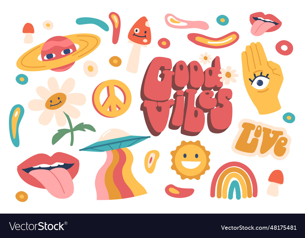 Hippie icons set hand gesturing peace symbol Vector Image