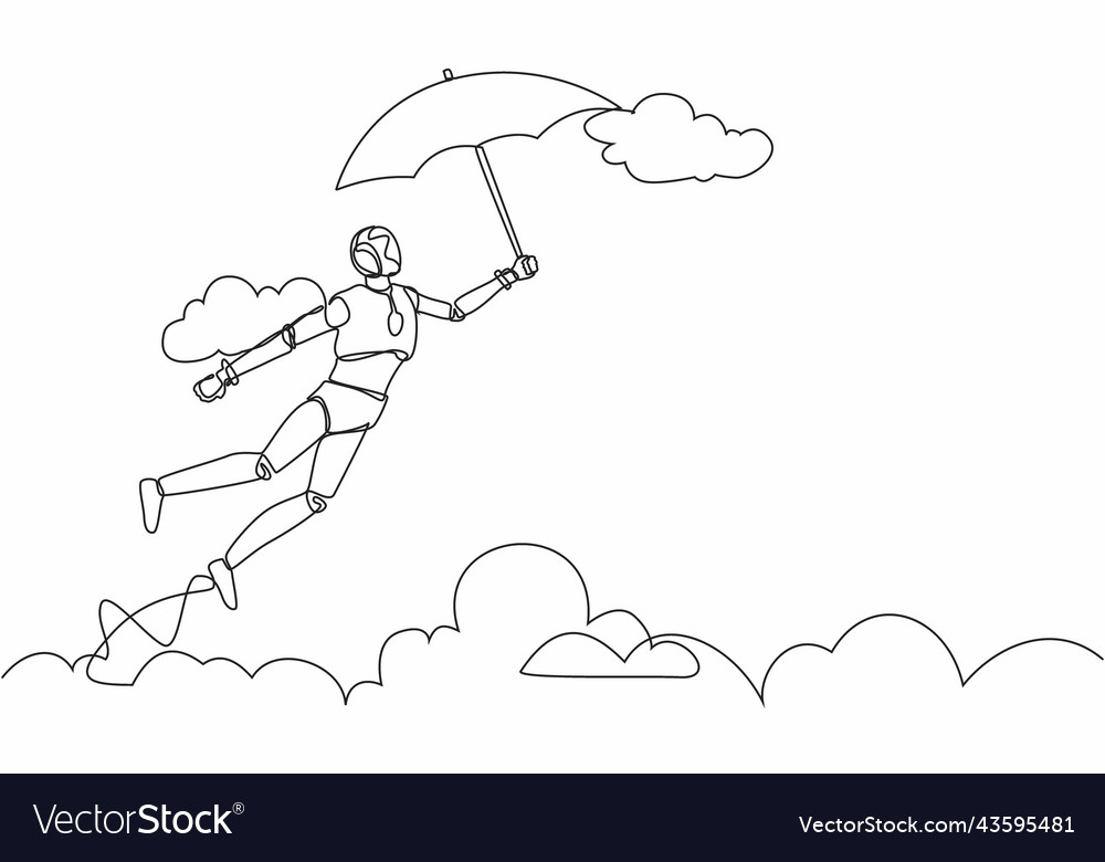 Single continuous line drawing robot flying vector image Single continuous line drawing robot flying