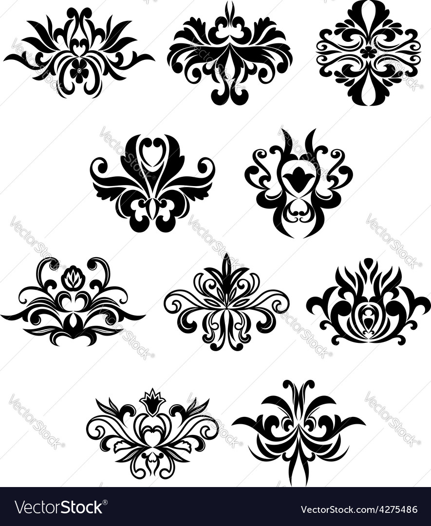 Damask flourish black design elements Royalty Free Vector