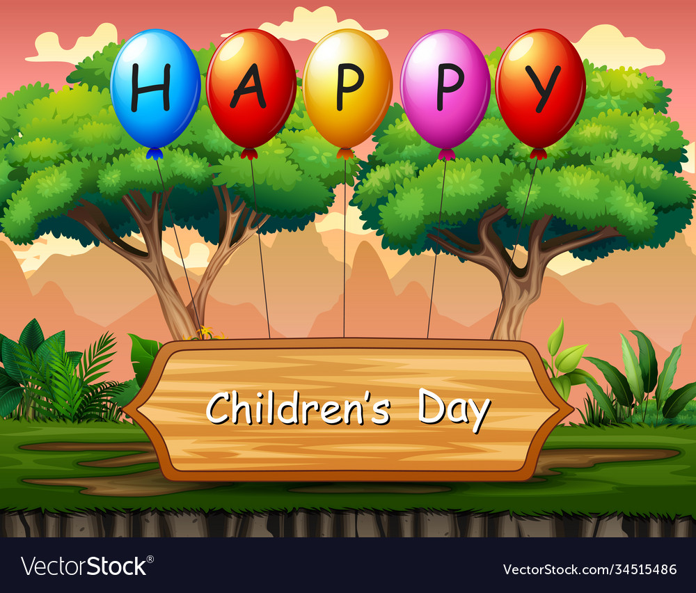 Happy children day text with nature background Vector Image