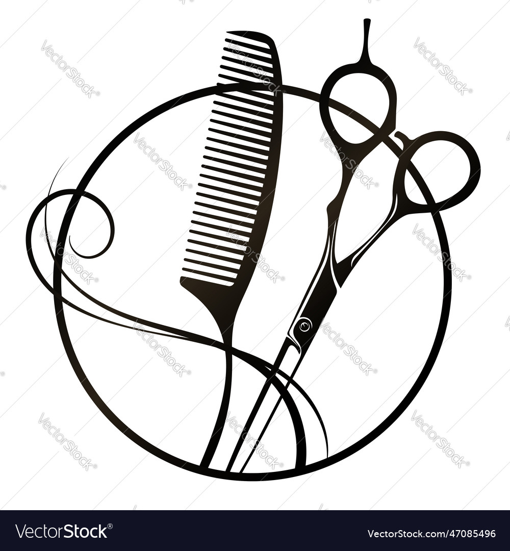 Scissors comb curls of hair round sign for beauty Vector Image