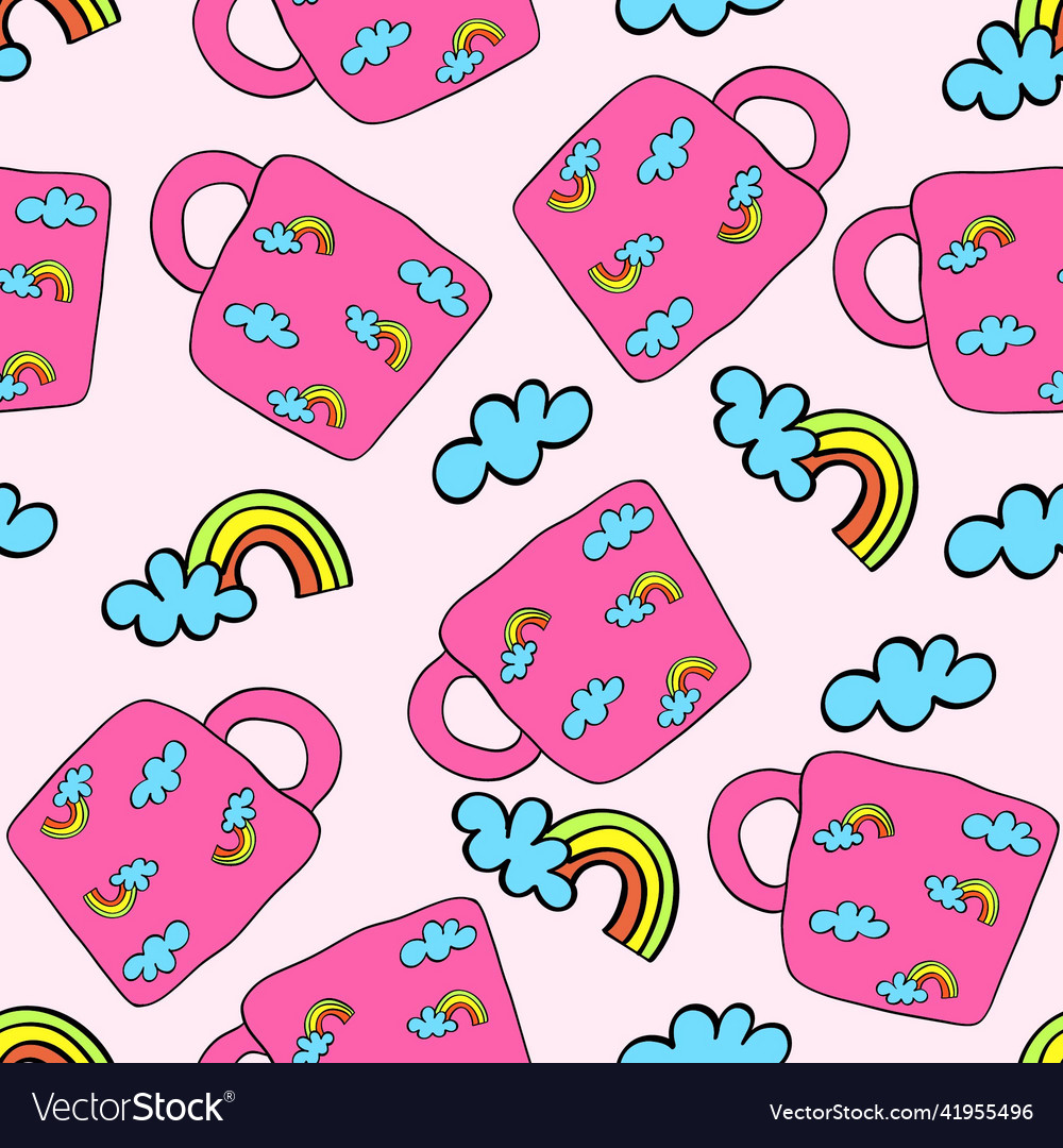 Seamless mug pattern with rainbow and clouds vector image Seamless mug pattern with rainbow and clouds