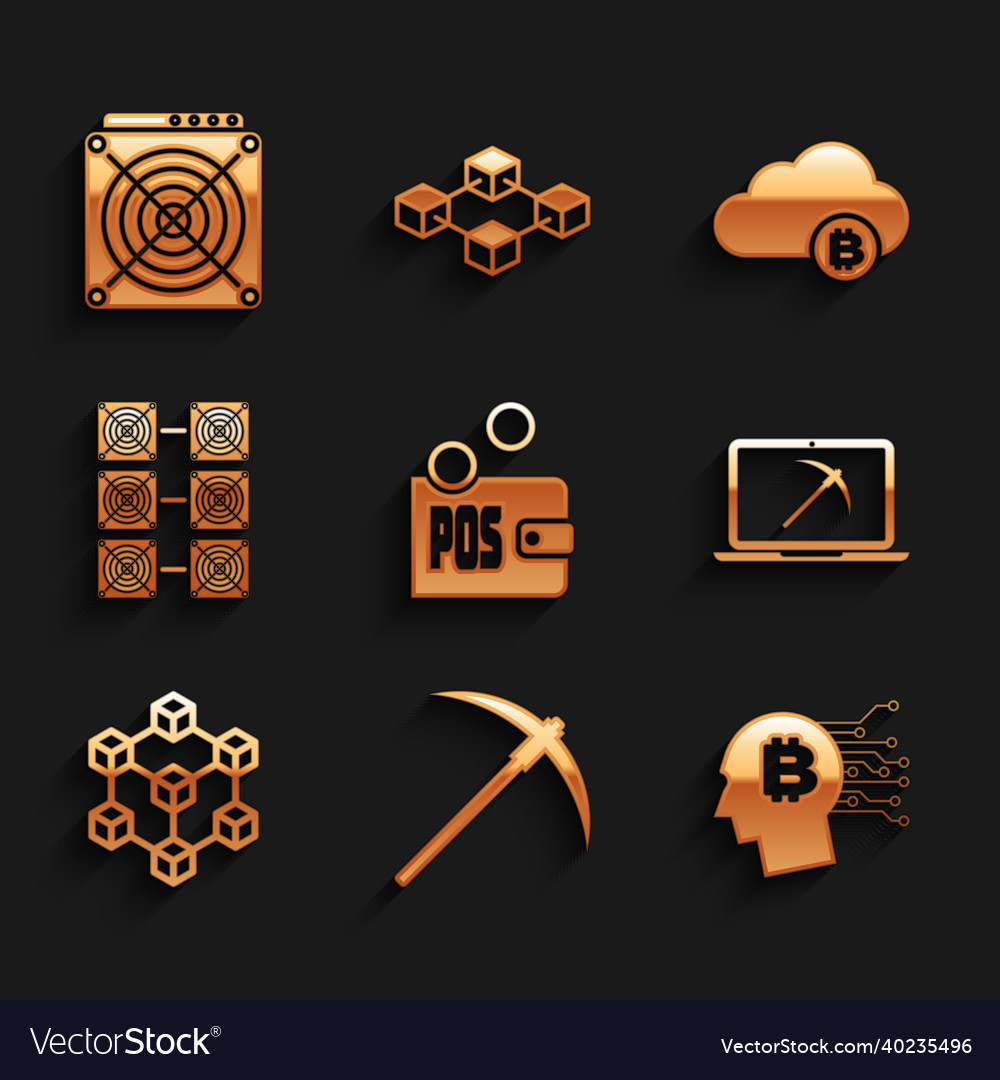 Set proof of stake pickaxe bitcoin think mining vector image Set proof of stake pickaxe bitcoin think mining