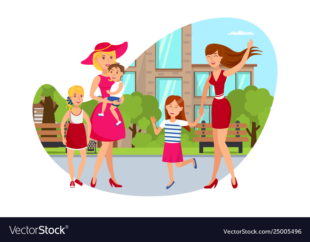 Two women with kids flat cartoon