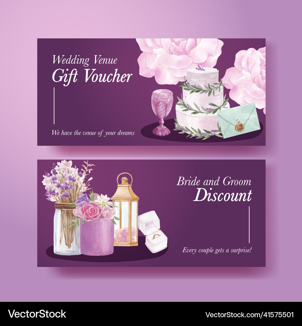 Voucher template with lilac violet wedding Vector Image