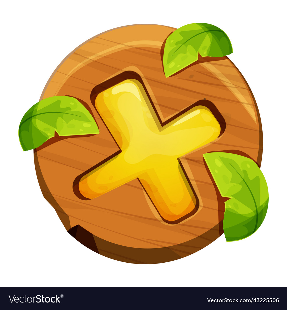 Wooden close button game interface menu element vector image Wooden close button game interface menu element