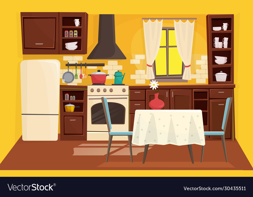 Cute Kitchen Interior Flat Cartoon Vector 30435511 