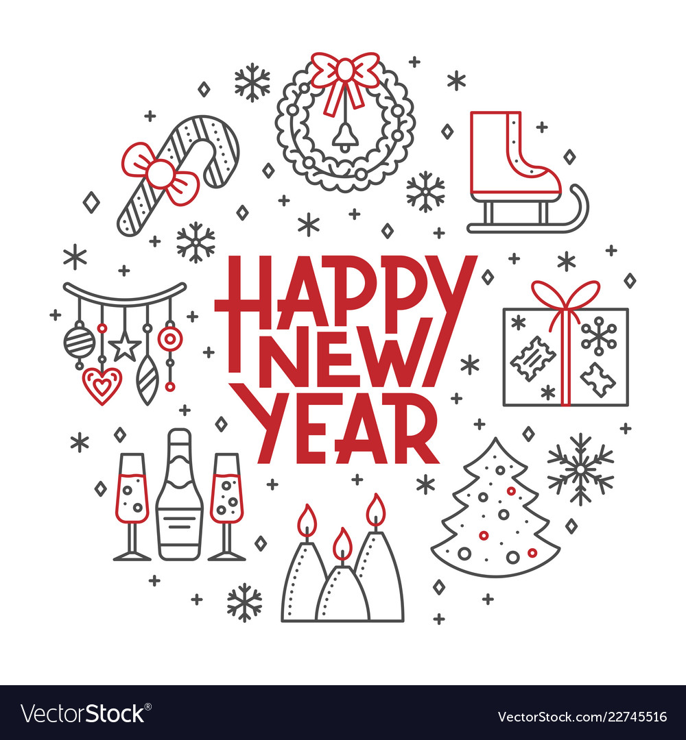 Happy new year line icon holiday lettering banner vector image Happy new year line icon holiday lettering banner