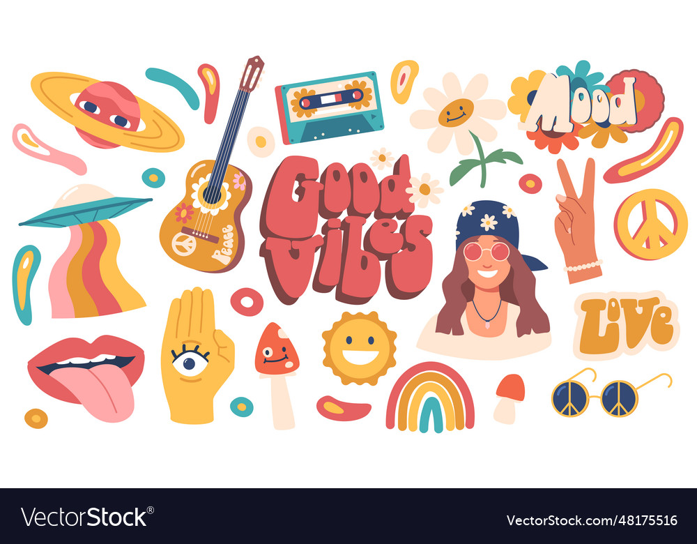 Hippie Icons Set Collection Of Vibrant And Iconic Vector Image Hippie Icons Set Collection Of Vibrant And Iconic Vector Image