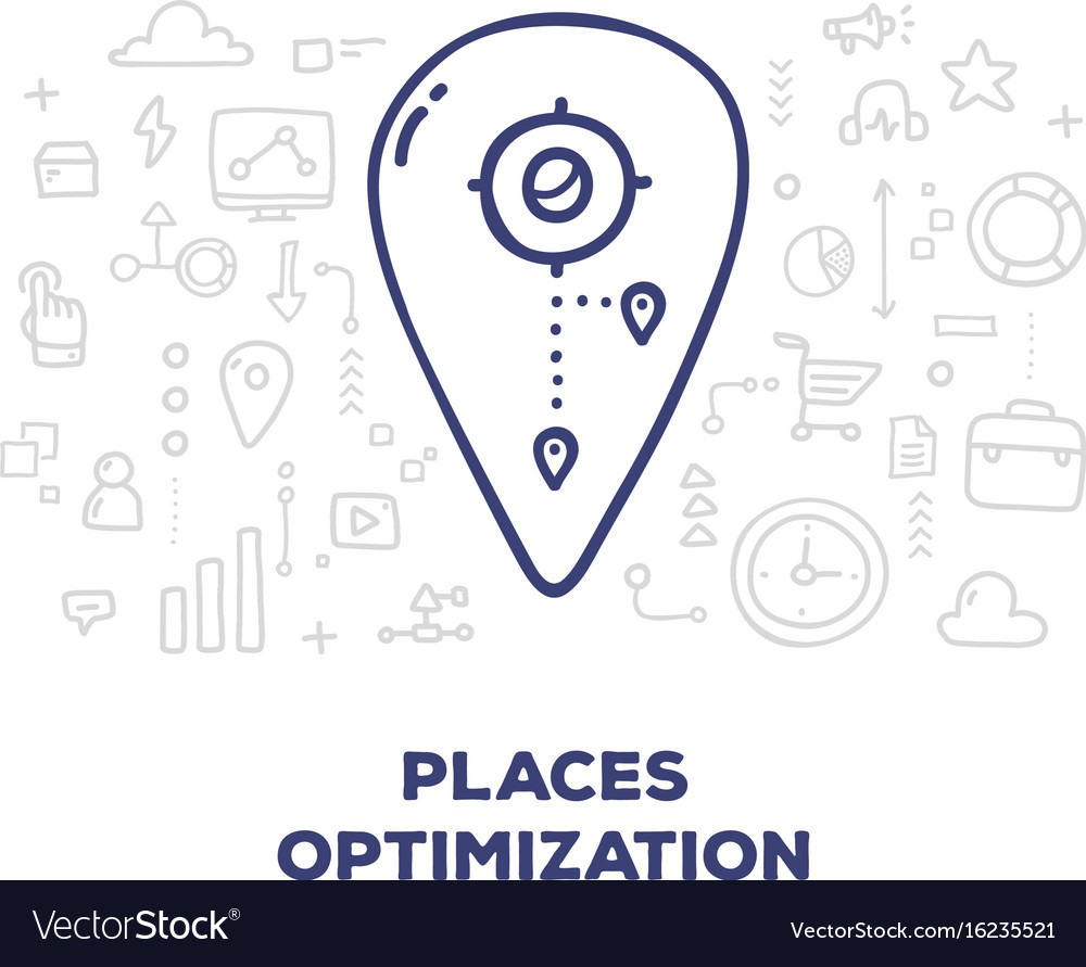 Creative of big map pin with line icons and text