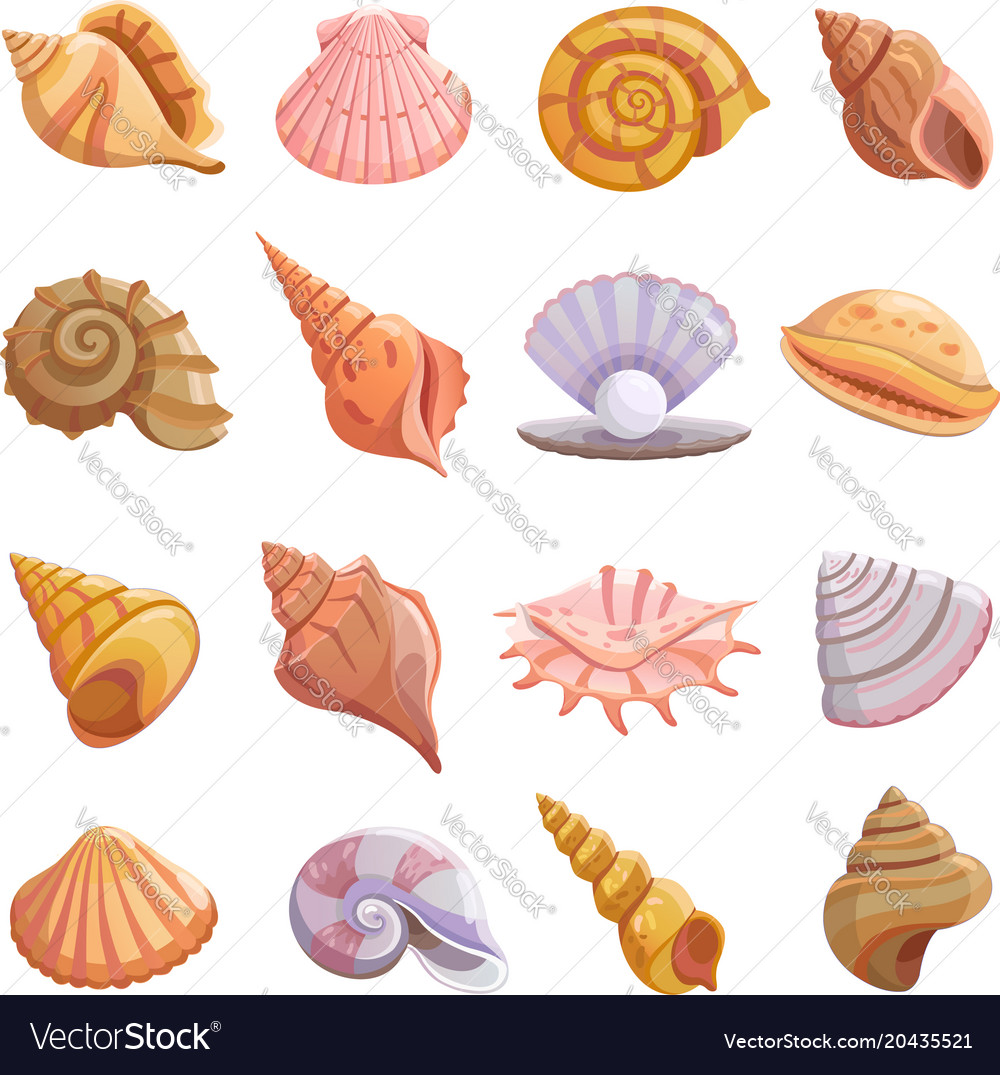 Sea shell beach icons set cartoon style Royalty Free Vector