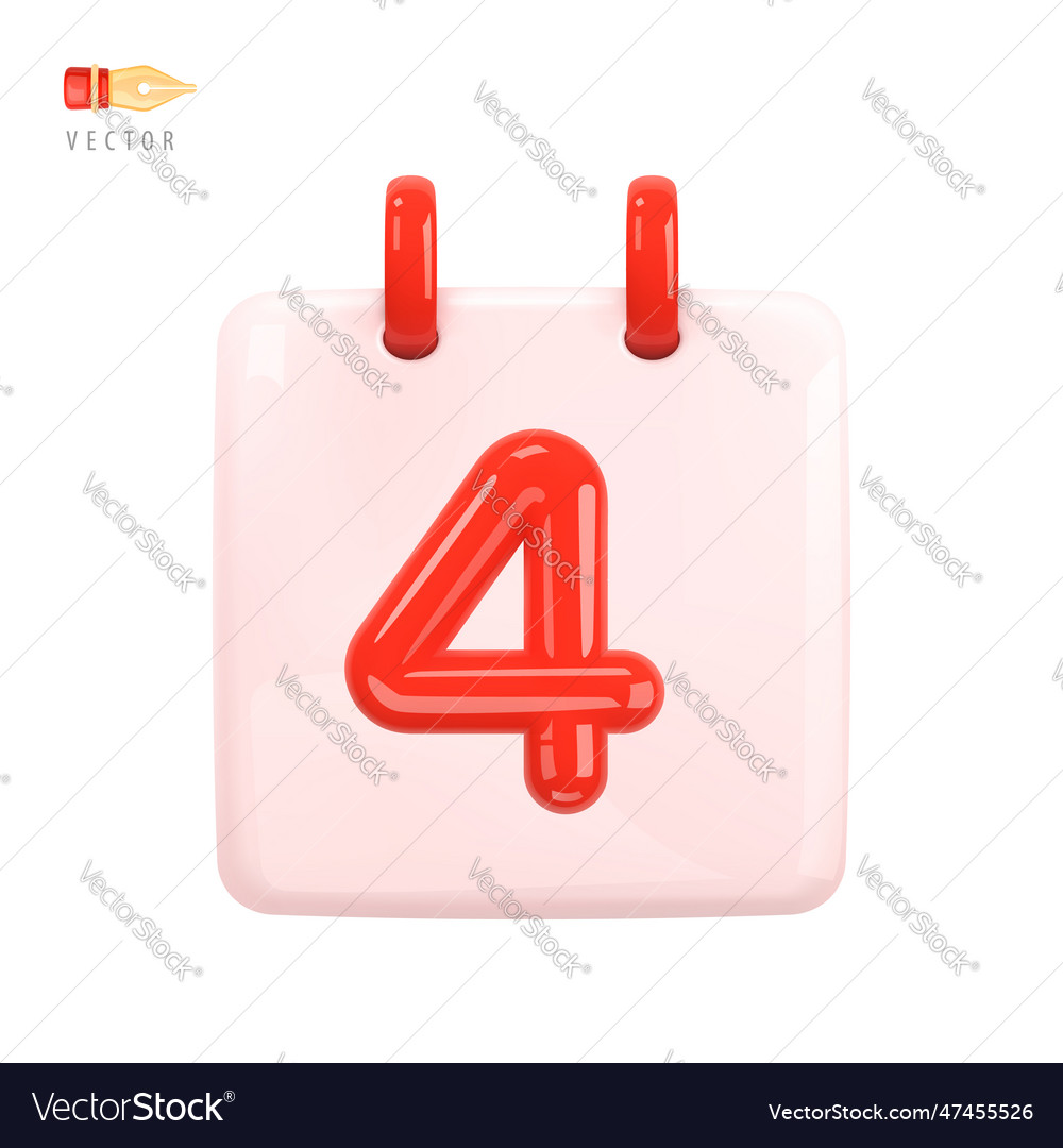 Daily calendar with date 4 red color number vector image Daily calendar with date 4 red color number