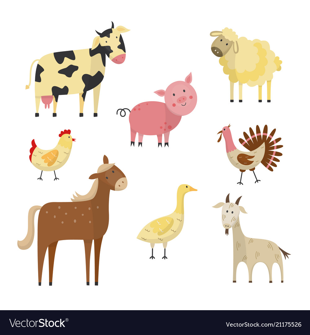 Farm animals and birds flat set Royalty Free Vector Image