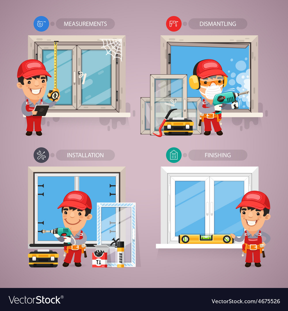 Window Installation Step Step With Handyman Vector Image