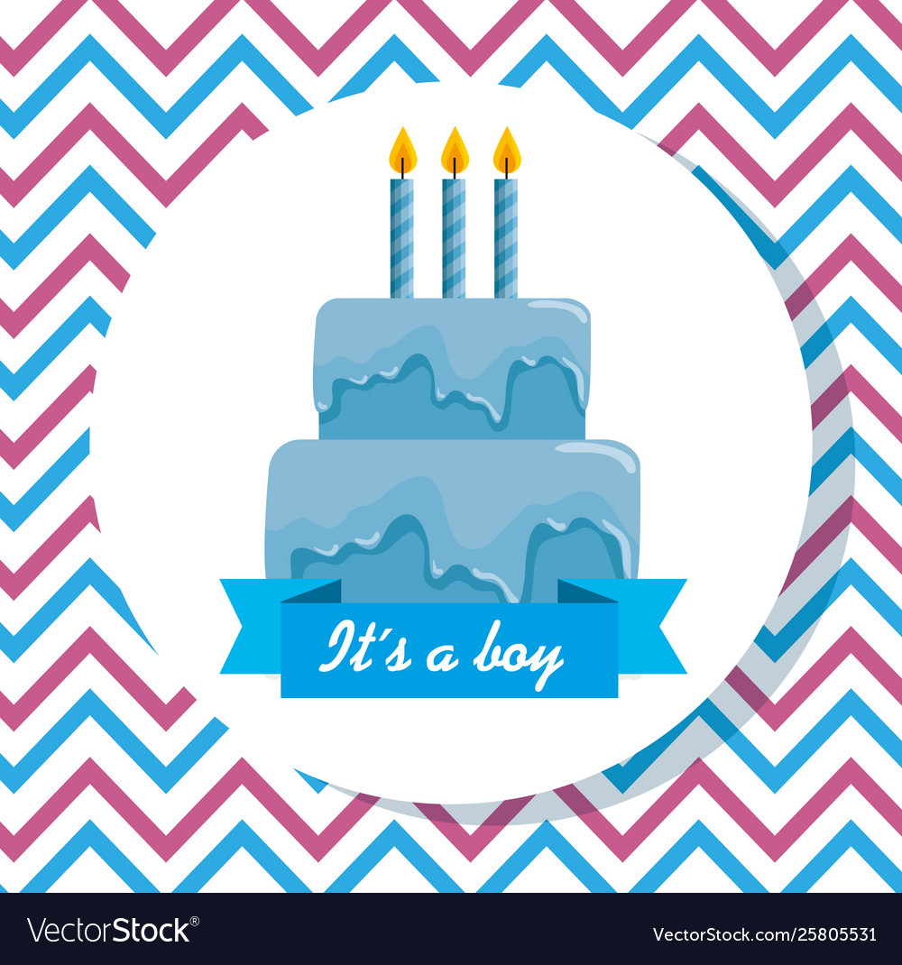 Label blue cake with candles and ribbon