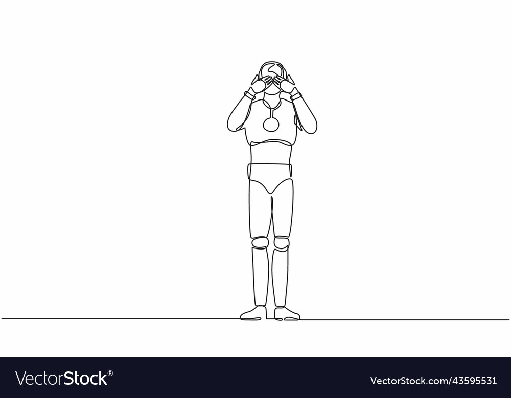 Single continuous line drawing robot closes his vector image Single continuous line drawing robot closes his