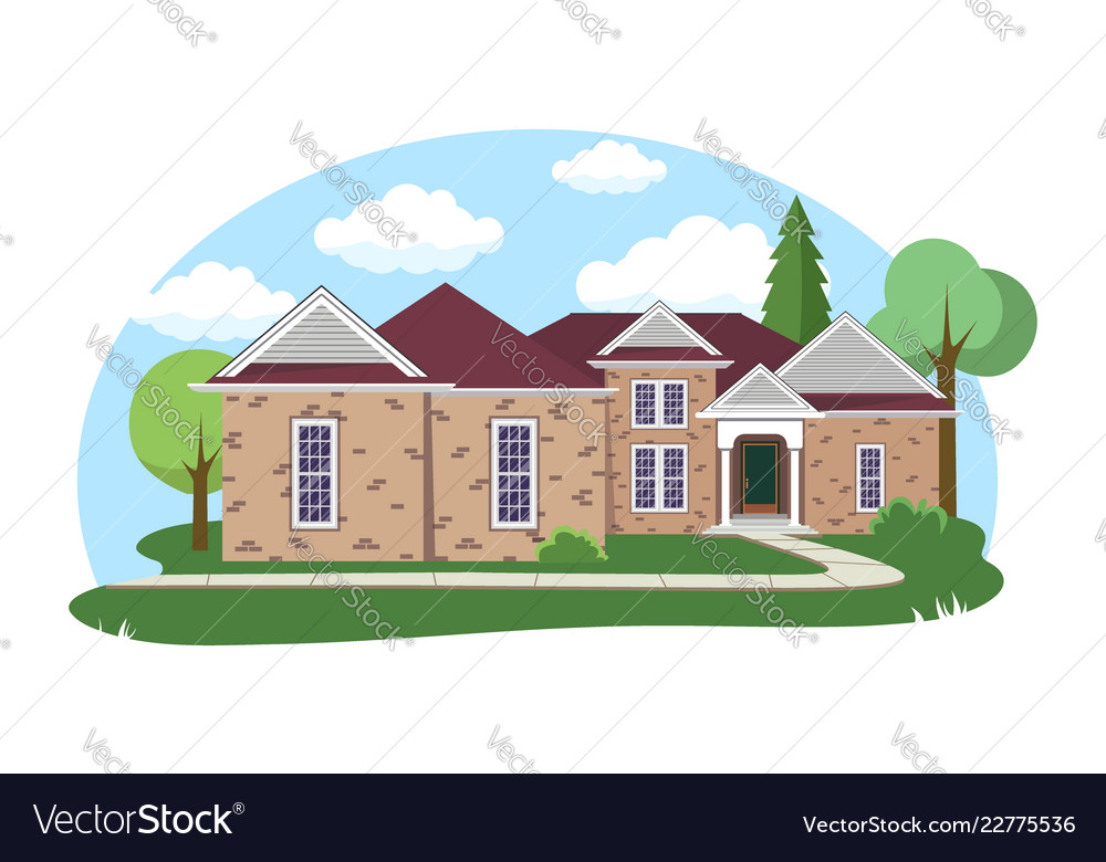 Cartoon house exterior with blue clouded sky front