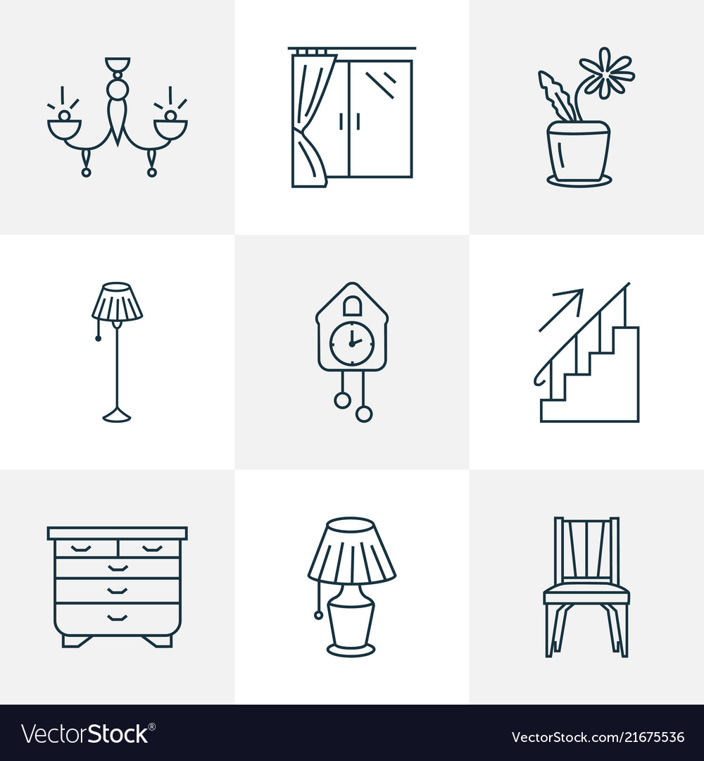 Furniture icons line style set with flower pot