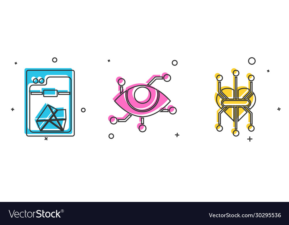 Set 3d printer virtual reality and processor icon vector image Set 3d printer virtual reality and processor icon