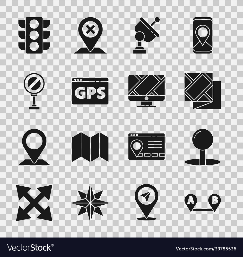 Set route location push pin folded map radar vector image Set route location push pin folded map radar
