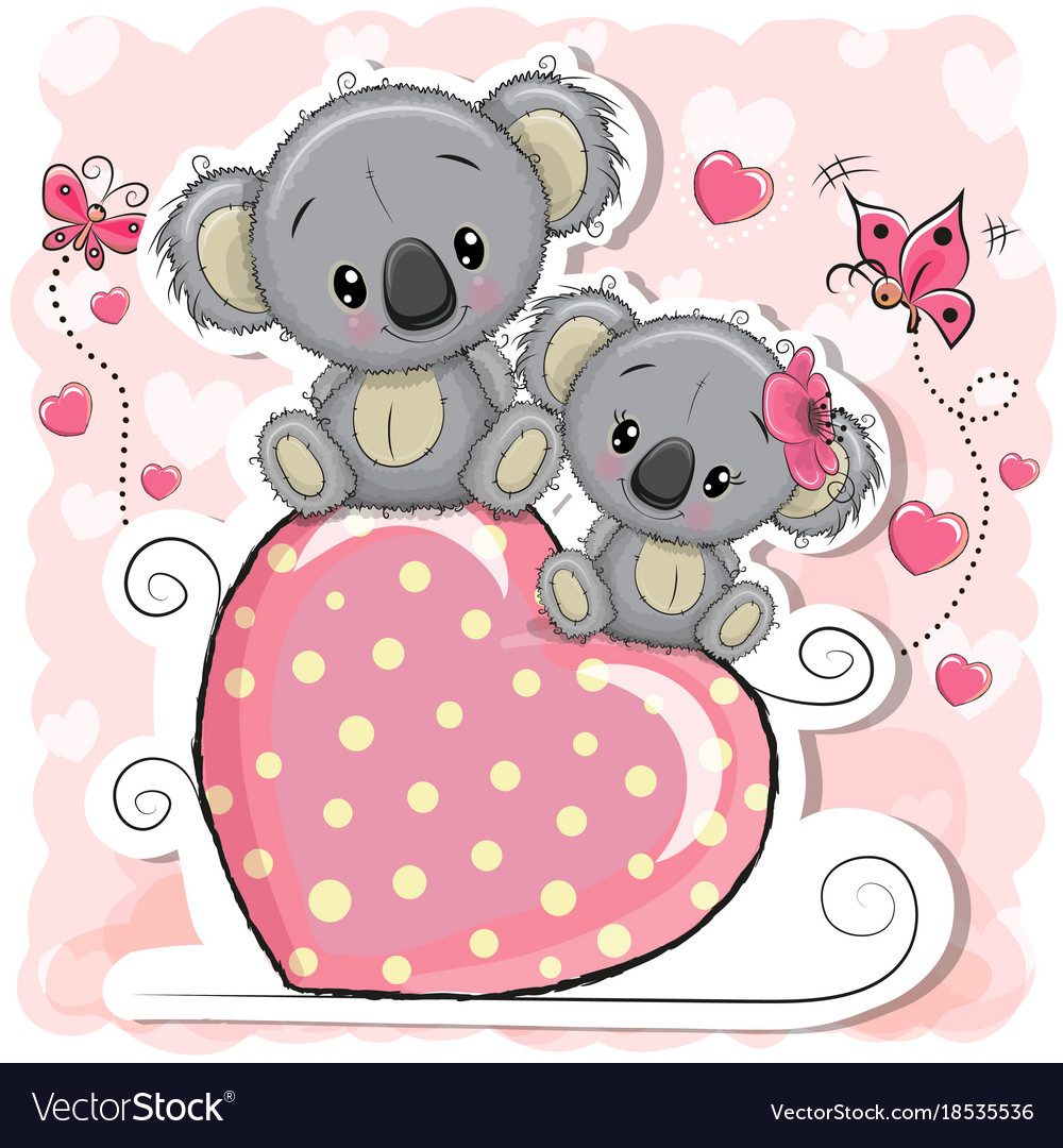 Two koalas is sitting on a heart Royalty Free Vector Image