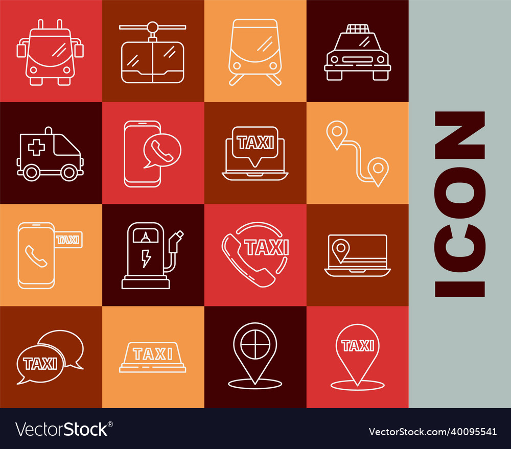 Set line map pointer with taxi laptop location vector image Set line map pointer with taxi laptop location