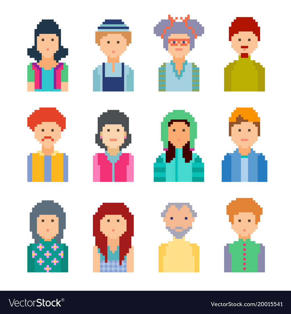 Set of pixel people avatar faces