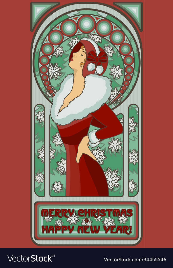 Art nouveau sexy santa girl new year card