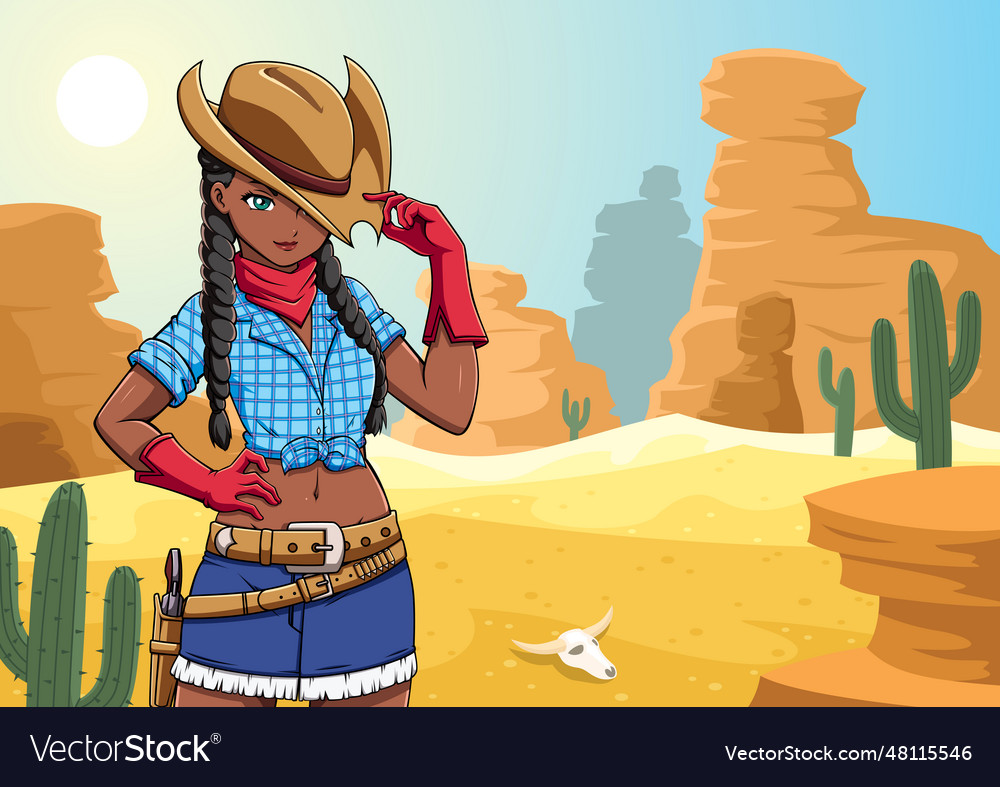 Black anime cowgirl in desert Royalty Free Vector Image