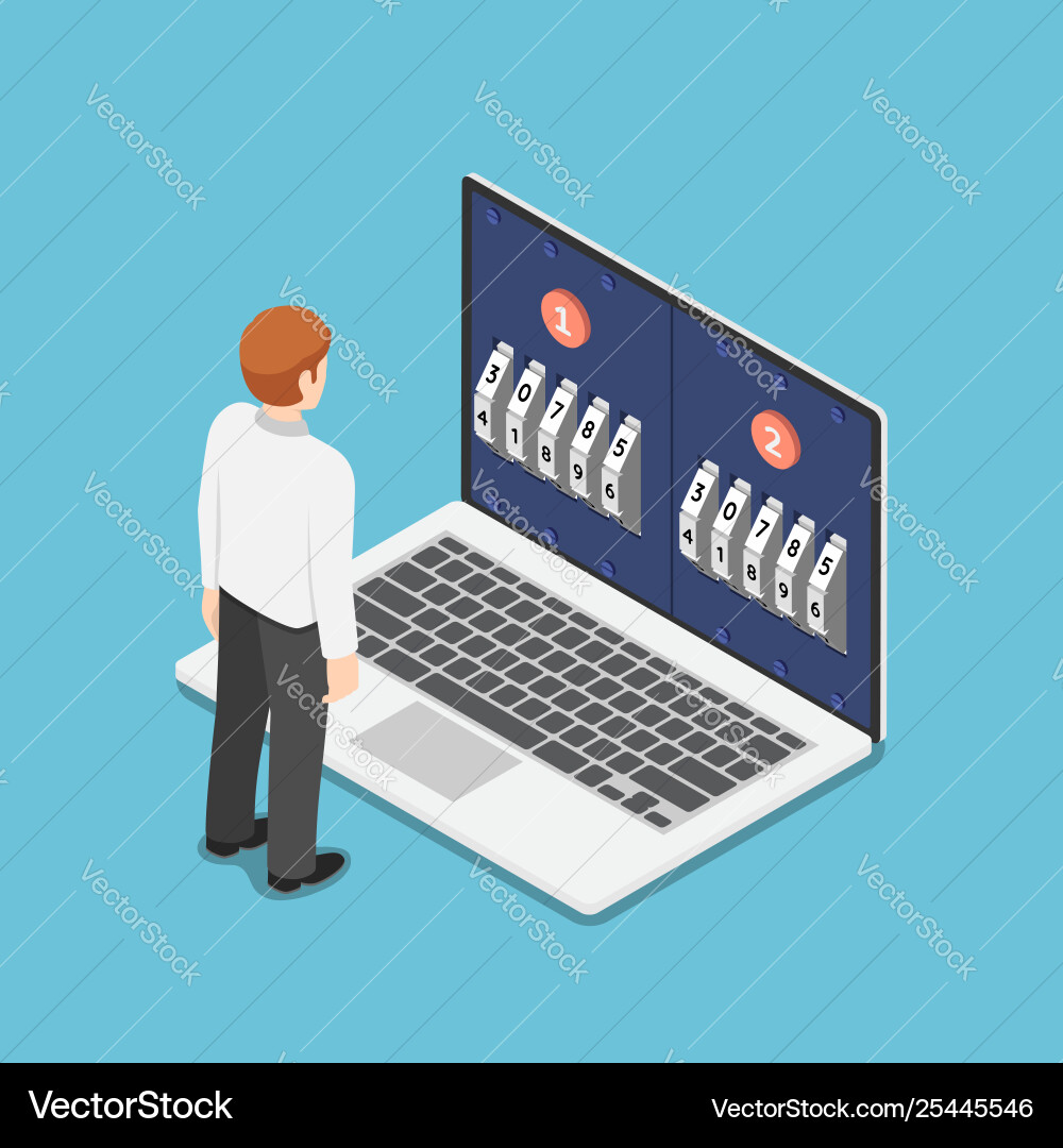 Isometric businessman standing in front laptop Vector Image