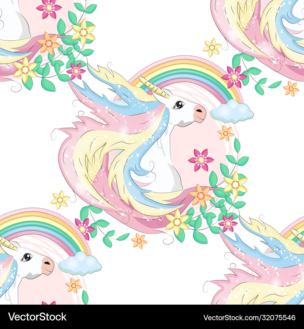 Pattern with cute unicorns cloudsrainbow Vector Image