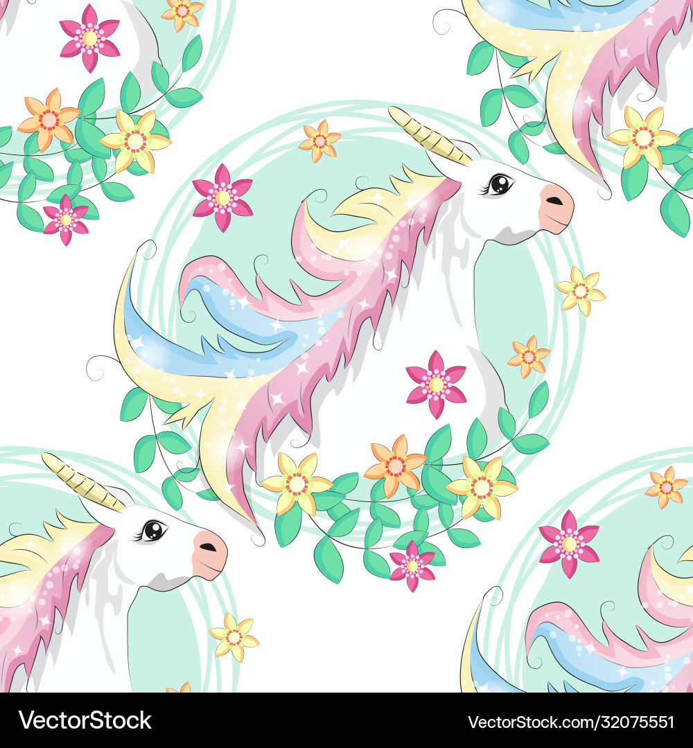 Pattern with cute unicorns cloudsrainbow Vector Image