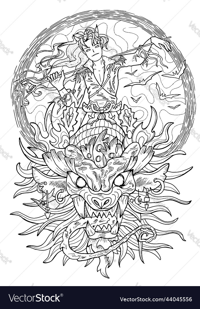 Line art manga style with fantasy dragon vector image Line art manga style with fantasy dragon