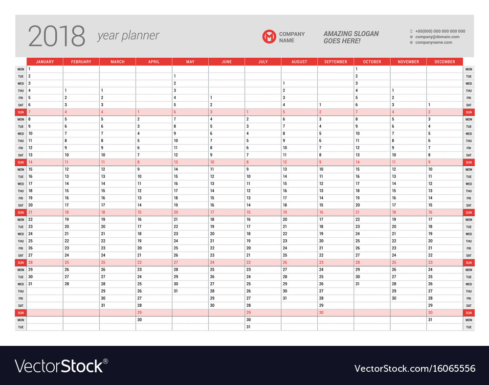 Yearly Wall Calendar Planner Template For 2018 Vector Image