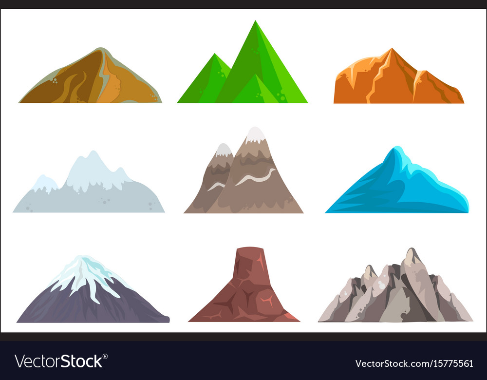 Cartoon hills and mountains set isolated