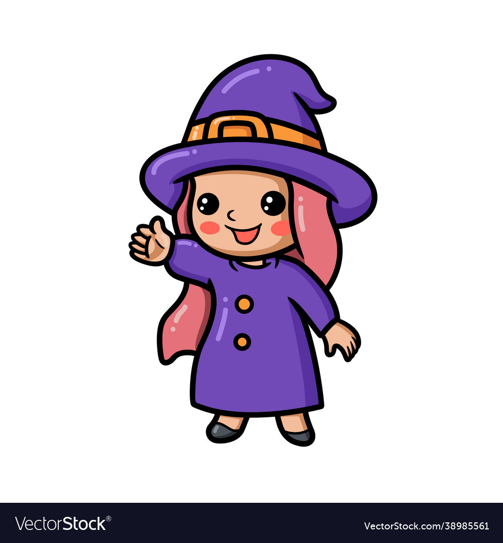 Cute little witch girl cartoon waving hand