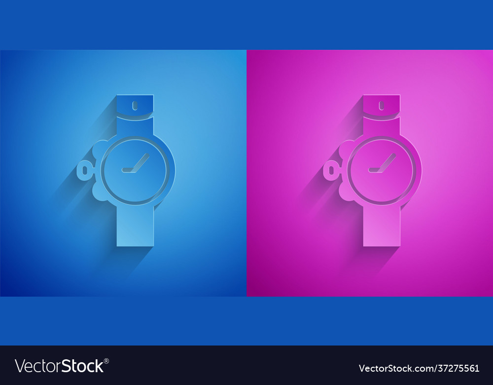 Paper cut wrist watch icon isolated on blue