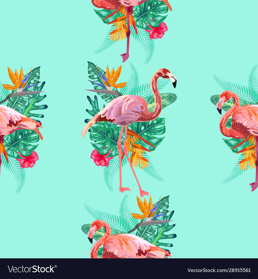 Tropical bird pink flamingo and flowers hibiscus