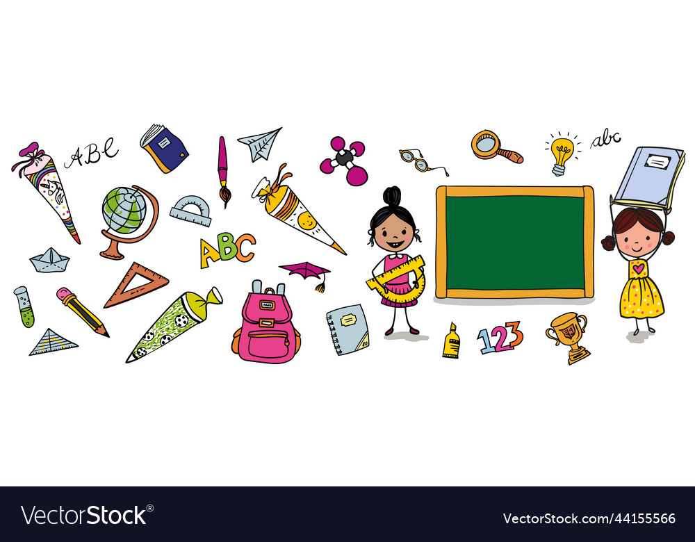 Back to school - cute kids next a blackboard