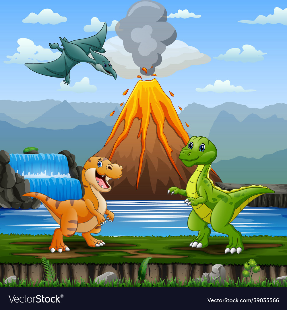 Cute dinosaurs with volcano erupting background