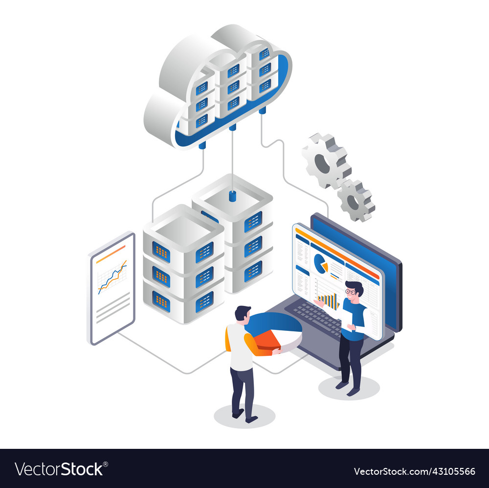 Team is discussing about cloud server data vector image Team is discussing about cloud server data