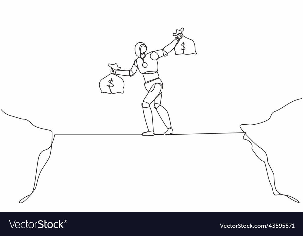 Continuous one line drawing robot walk over cliff vector image Continuous one line drawing robot walk over cliff