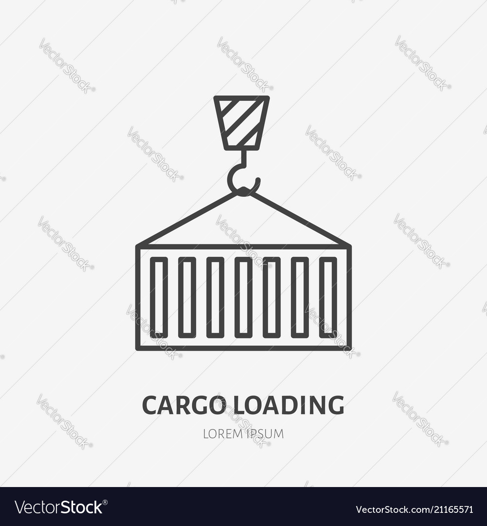 Crane loading cargo container flat line icon