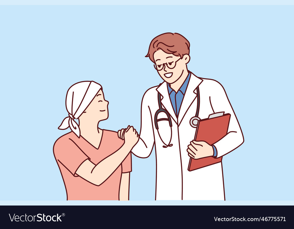 Doctor shakes hands with little cancer patient Vector Image