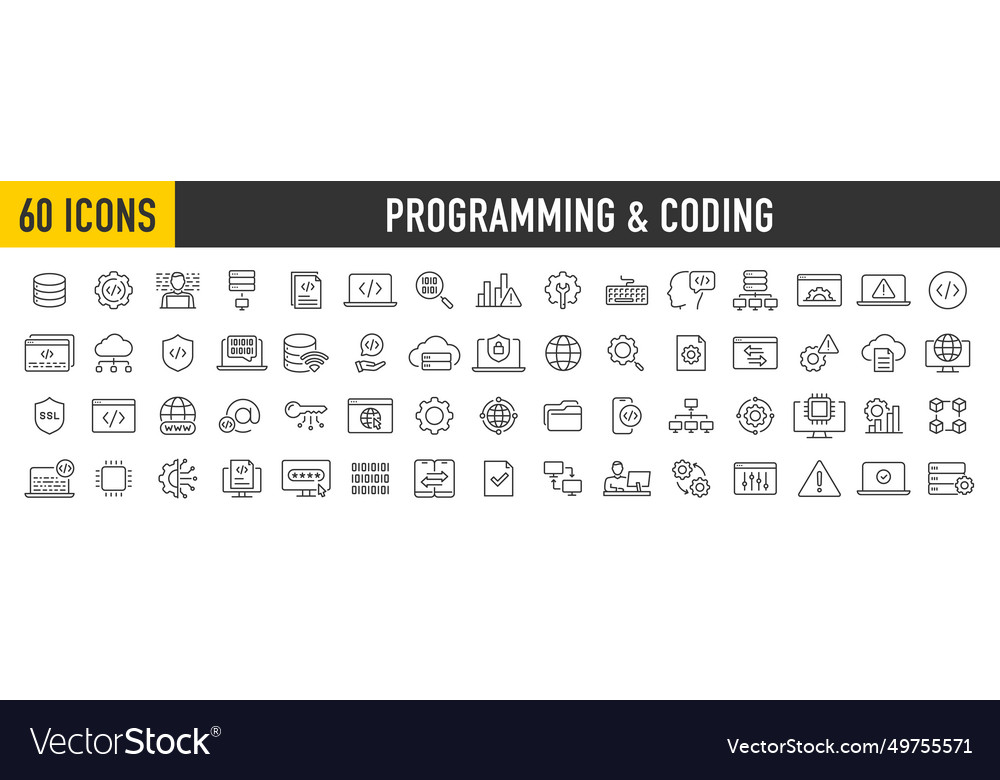 Set of 60 programming and coding web icons vector image Set of 60 programming and coding web icons