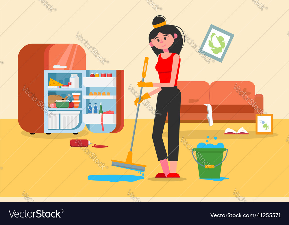 Woman cleaning dirty room with a mop floor washing