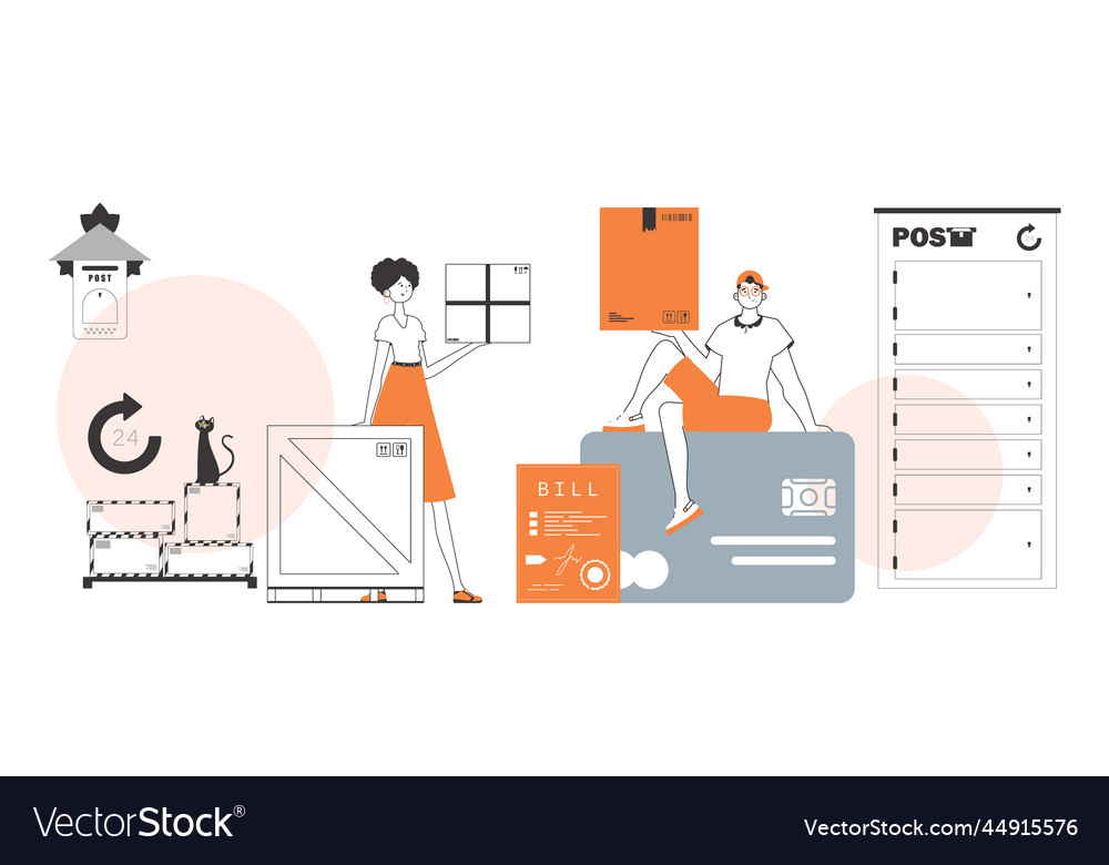 Guy and girl delivers cargo parcels linear vector image Guy and girl delivers cargo parcels linear